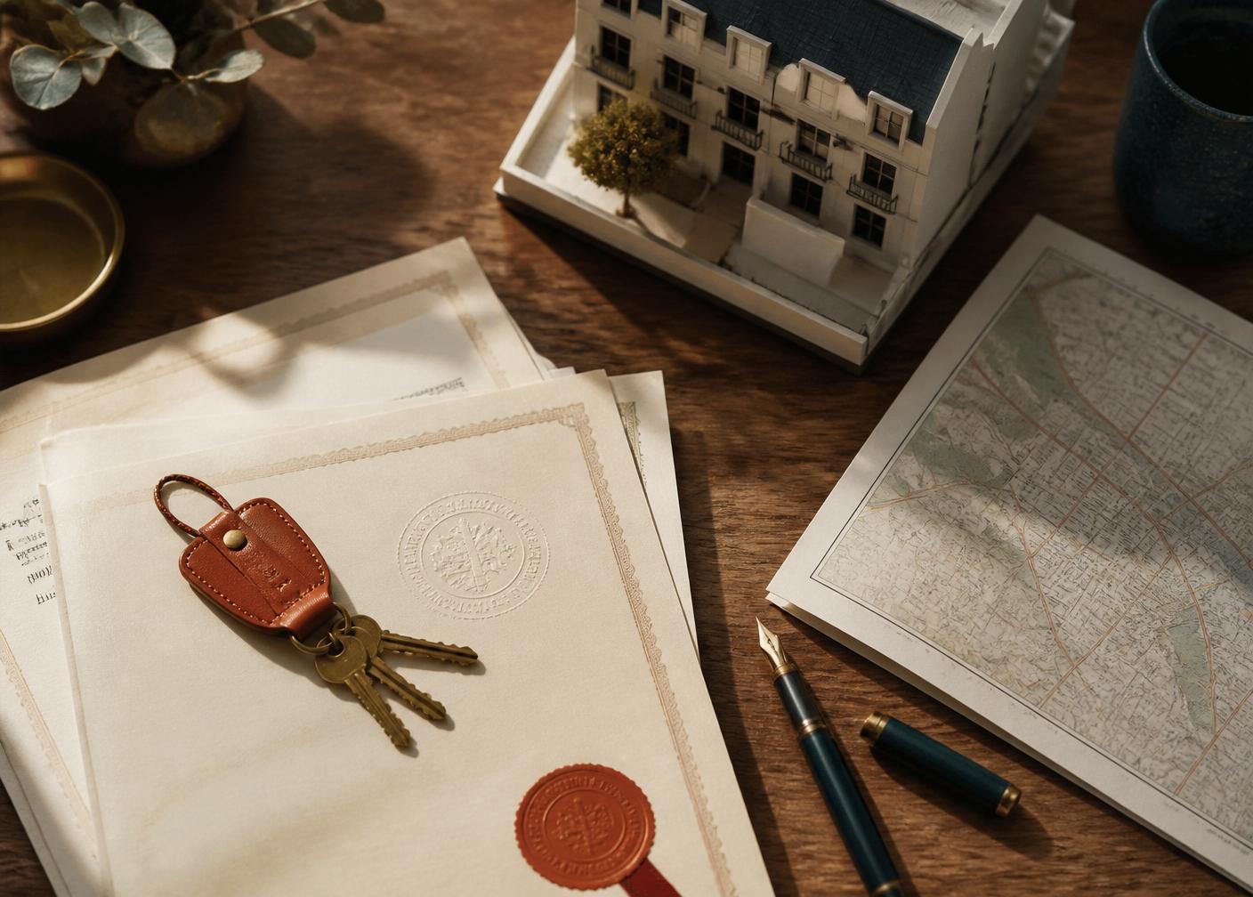 Property title deeds, brass keys on a rust leather keyring, a small townhouse model, and a folded Johannesburg map on a wooden desk.