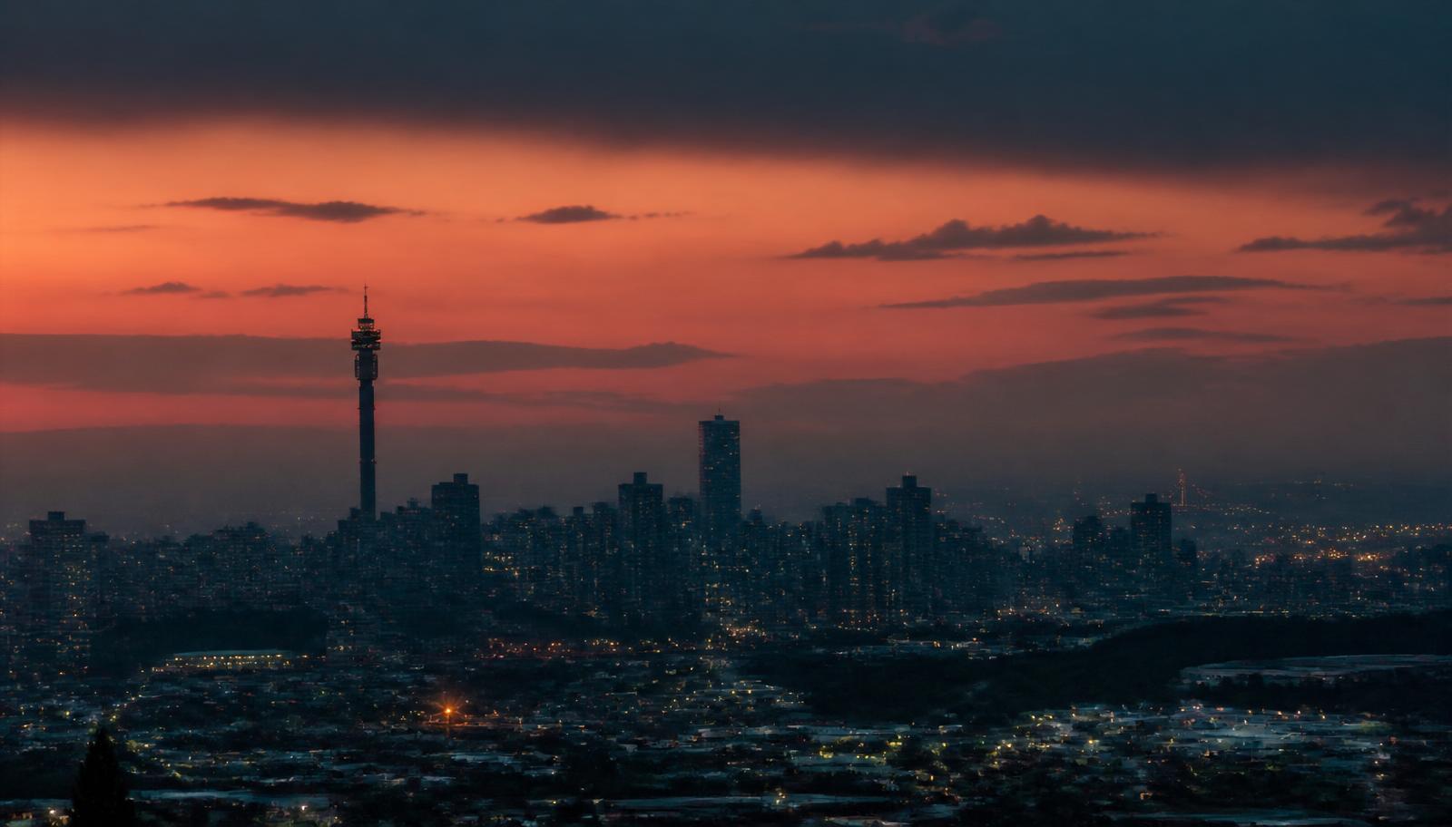 Johannesburg skyline at dusk with the Hillbrow Tower silhouetted against a warm orange sky.